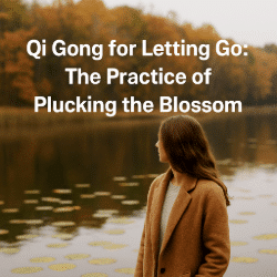 A young woman in a brown coat gazes across a calm lake surrounded by autumn trees. Lily pads float on the water, symbolizing the Qi Gong concept of “Plucking the Blossom.” Overlaid text reads: “Qi Gong for Letting Go: The Practice of Plucking the Blossom.”