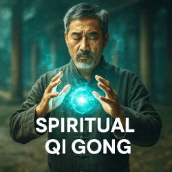 Middle-aged man practicing Spiritual Qi Gong, eyes closed in calm focus, holding a glowing orb of energy between his hands in a misty, cinematic setting.