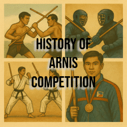 Vintage-style illustrated collage showing the history of Arnis competitions, including traditional outdoor sparring, modern protective gear matches, synchronized stick forms, and a champion with medal and rattan stick.