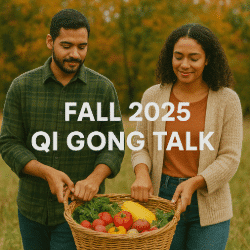 A man and woman of mixed race carry a large wicker basket of autumn harvest produce together, each holding one side of the handle.