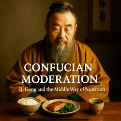 Cinematic image of an elderly Confucian scholar seated at a wooden table with a modest meal of rice, braised duck, and greens, softly lit in warm tones. Text overlay reads “Confucian Moderation: Qi Gong and the Middle Way of Nutrition.”