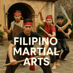 Four Filipino martial artists demonstrating Arnis/Eskrima with rattan sticks and blades—kampilan and kris—in a sunlit courtyard; simplified text overlay reads “Filipino Martial Arts.”