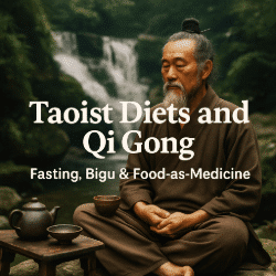 Elderly Taoist practitioner meditating beside a waterfall with a tea set, representing Taoist dietary traditions and Qi Gong.