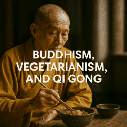 A Buddhist monk in golden robes sitting at a wooden table, holding chopsticks and preparing to eat a simple vegetarian meal, reflecting the dietary influence on qi gong practice.
