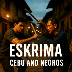 Two Filipino Eskrima practitioners sparring in a narrow Cebu alley at dusk with text overlay “Eskrima Cebu and Negros.”