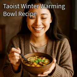 A smiling East Asian woman holds a bowl of Taoist Winter Warming Bowl, featuring lotus root, mushrooms, bok choy, and warm broth. Cinematic, cozy lighting.