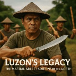 Filipino martial artist in Luzon wearing a traditional salakot, holding a bolo and rattan stick in authentic arnis stance, surrounded by fellow practitioners training outdoors under cloudy skies.