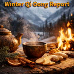 Steaming warming beverage with ginger, cinnamon, and citrus set against a winter landscape, representing winter qi gong and cold qi balance.