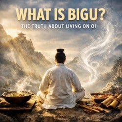 Taoist practitioner meditating in the mountains, illustrating the concept of Bigu and the idea of “living on Qi