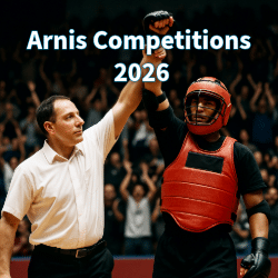 Arnis competitor in full red gear has hand raised in victory by the referee as a cheering crowd celebrates in the background.