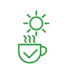 Green sun over coffee cup with checkmark icon representing feeling naturally more awake with Qi Gong