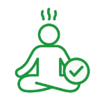 Green meditating figure with checkmark icon representing stress relief that sticks with Qi Gong