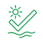 Green checkmark with sun and wave icon representing adaptability for all levels and needs in Qi Gong