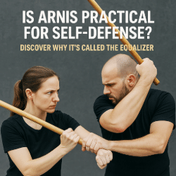 Two martial artists practicing Arnis with sticks in a defensive pose beneath the text 'Is Arnis Practical for Self-Defense? Discover Why It’s Called the Equalizer