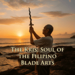 Distinguished Filipino male raises Kris to the sunrise.