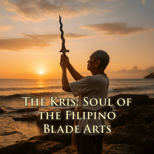Distinguished Filipino male raises Kris to the sunrise.