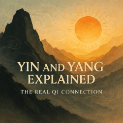 Sun rises over a mountain and casts a shadow. Classic Reference for qi gong.