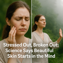 Woman exploring the benefits of stress reduction on her complexion.