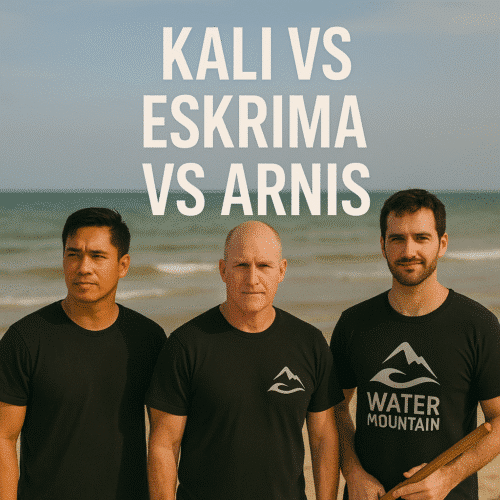 Three martial artists stand on a beach after training, wearing Water Mountain logo t-shirts, under the text "Kali vs Escrima vs Arnis."
