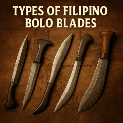 Five traditional Filipino bolo blades arranged over a vintage map of the Philippines, each with distinct shapes and wooden hilts.