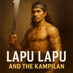 Lapu Lapu holds a kampilan sword with a flared and forked tip, wearing traditional jewelry including a gold medallion and armband, against a dramatic brown-toned backdrop.