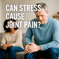 Middle-aged man grimacing in pain while holding his knee, with overlaid text reading “Can Stress Cause Joint Pain?” A woman sits behind him, concerned.