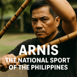 Filipino martial artist practicing Arnis with rattan sticks, representing the national sport of the Philippines.