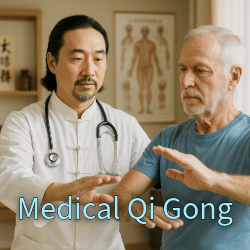 Doctor demonstrating Medical Qi Gong movement to an older patient in a clinic setting