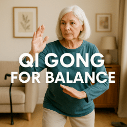 Elderly woman practicing Qi Gong in her living room with a cane visible in the background, representing balance and mobility.