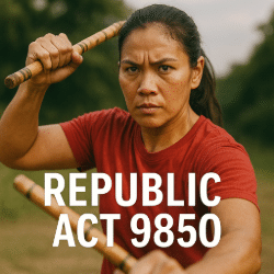 Filipino woman practicing Arnis with rattan sticks outdoors, representing Republic Act 9850 which made Arnis the national martial art of the Philippines.
