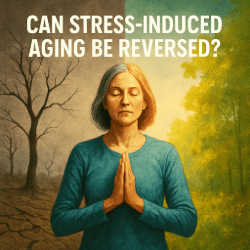 A digitally illustrated middle-aged woman stands calmly with eyes closed and hands in a prayer pose. The background splits between a barren, cracked landscape and a lush, sunlit forest, symbolizing the contrast between stress-induced aging and restored vitality.