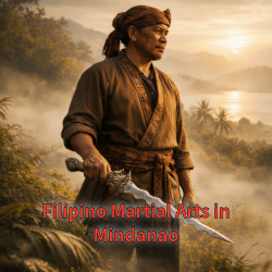 A seasoned Filipino martial artist holding a traditional kris blade at dawn, standing calmly in a misty southern Philippine landscape.