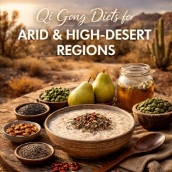 Qi Gong diet foods for arid and high-desert regions, including congee, seeds, pears, and hydration-supportive ingredients.