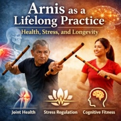 Older and younger practitioners training Arnis with rattan sticks, illustrating Filipino martial arts as a lifelong practice supporting mobility and focus.