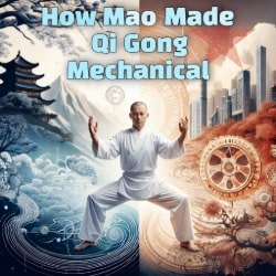 Qi Gong practitioner standing between traditional Chinese landscape and modern mechanical city imagery, symbolizing the political systemization of Qi Gong.