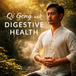 Qi Gong practitioner standing outdoors at sunrise with hands over abdomen, symbolizing digestive health and strengthening the Middle Burner.