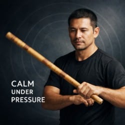 Arnis practitioner holding a rattan stick with calm focus, illustrating stress regulation through rhythmic martial arts training.