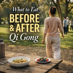 Woman leaving a healthy meal at a park table to join a small group practicing qi gong outdoors