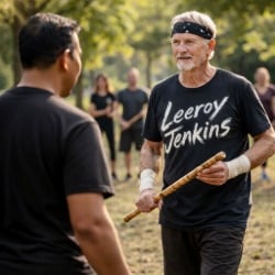 Older male Arnis practitioner with taped wrists holding a rattan baston while approaching his Filipino instructor during outdoor stick training.