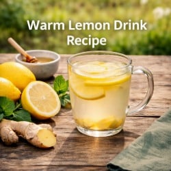 Warm lemon drink in a glass mug with lemons, ginger, and honey on a wooden table outdoors at sunrise