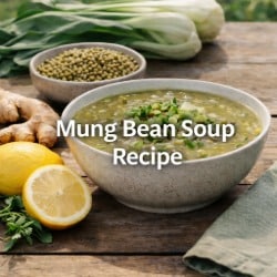 Mung bean soup in a ceramic bowl with fresh ingredients on a rustic table