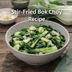 Stir-fried bok choy in a bowl with fresh garlic and raw bok choy on a rustic table